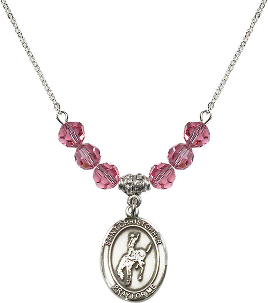 Sterling Silver Saint Christopher / Rodeo Birthstone Necklace with Rose Beads - 8192