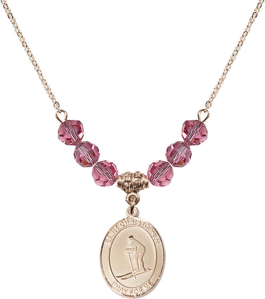 14kt Gold Filled Saint Christopher / Skiing Birthstone Necklace with Rose Beads - 8193