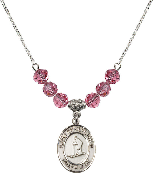 Sterling Silver Saint Christopher / Skiing Birthstone Necklace with Rose Beads - 8193
