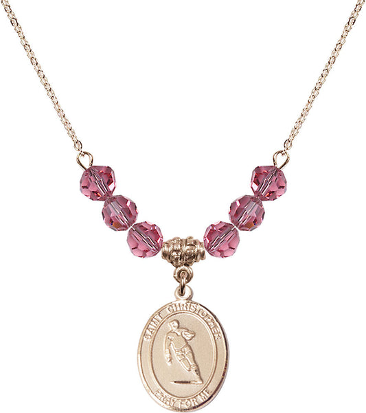 14kt Gold Filled Saint Christopher / Rugby Birthstone Necklace with Rose Beads - 8194