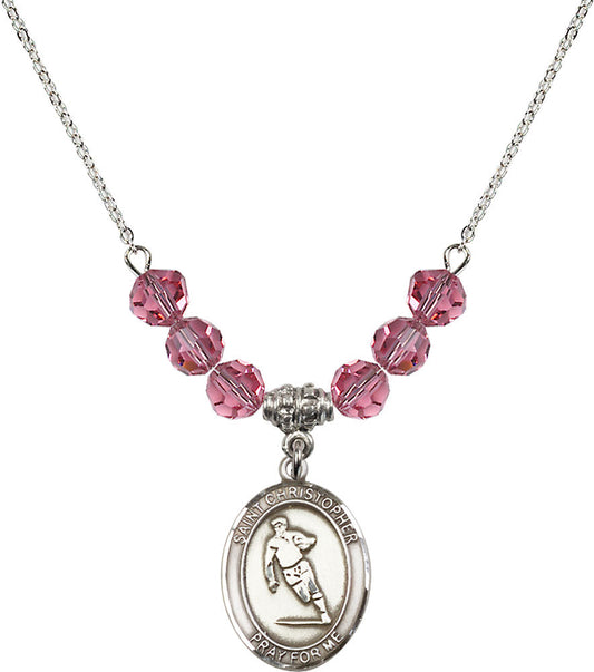 Sterling Silver Saint Christopher / Rugby Birthstone Necklace with Rose Beads - 8194