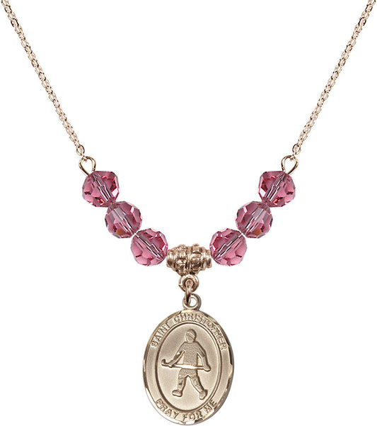 14kt Gold Filled Saint Christopher / Field Hockey Birthstone Necklace with Rose Beads - 8195