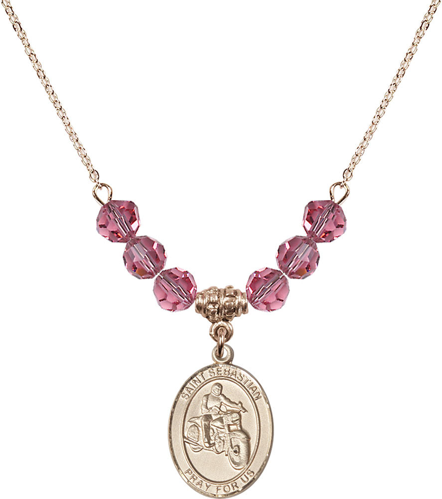14kt Gold Filled Saint Sebastian / Motorcycle Birthstone Necklace with Rose Beads - 8197