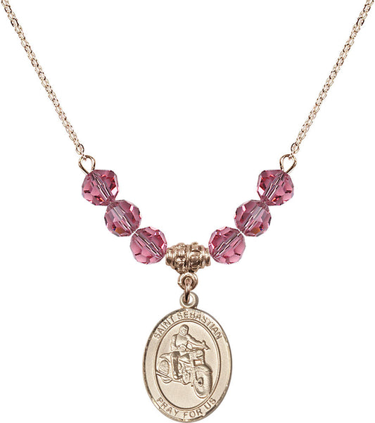 14kt Gold Filled Saint Sebastian / Motorcycle Birthstone Necklace with Rose Beads - 8197