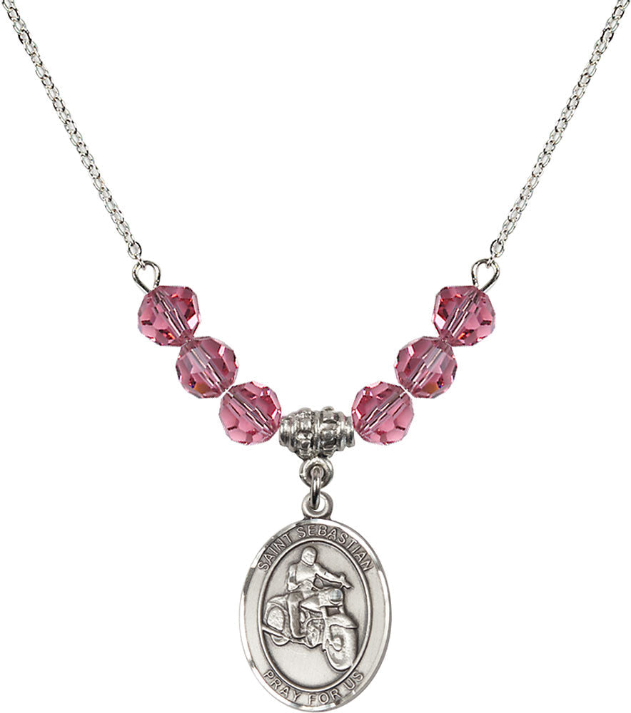 Sterling Silver Saint Sebastian / Motorcycle Birthstone Necklace with Rose Beads - 8197