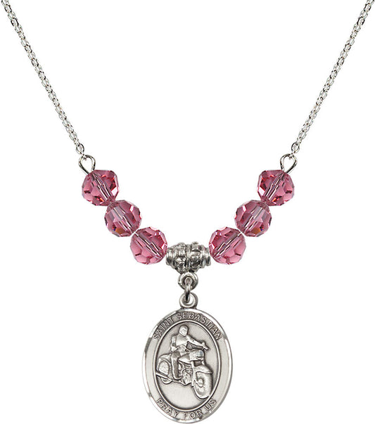 Sterling Silver Saint Sebastian / Motorcycle Birthstone Necklace with Rose Beads - 8197