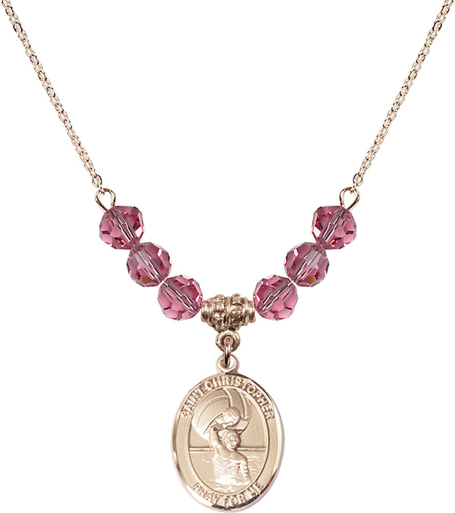 14kt Gold Filled Saint Christopher/Water Polo-Men Birthstone Necklace with Rose Beads - 8198