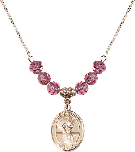 14kt Gold Filled Saint Christopher/Water Polo-Men Birthstone Necklace with Rose Beads - 8198