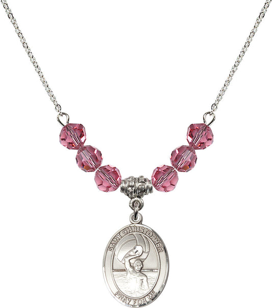 Sterling Silver Saint Christopher/Water Polo-Men Birthstone Necklace with Rose Beads - 8198