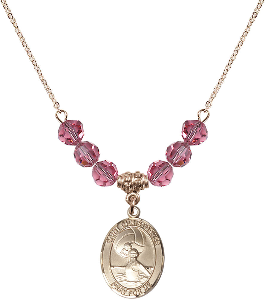 14kt Gold Filled Saint Christopher/Water Polo-Women Birthstone Necklace with Rose Beads - 8199