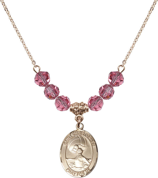 14kt Gold Filled Saint Christopher/Water Polo-Women Birthstone Necklace with Rose Beads - 8199