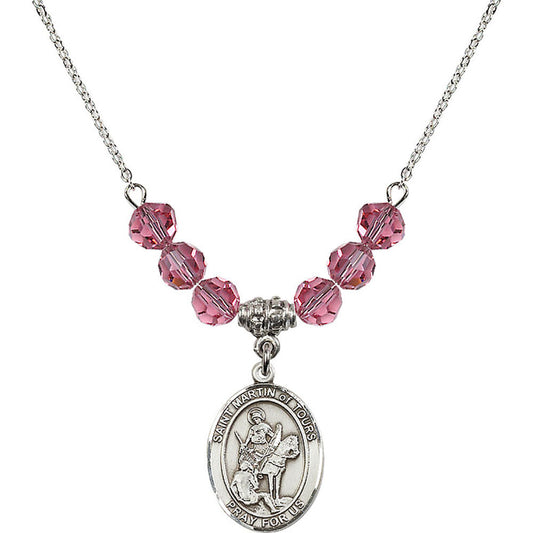 Sterling Silver Saint Martin of Tours Birthstone Necklace with Rose Beads - 8200
