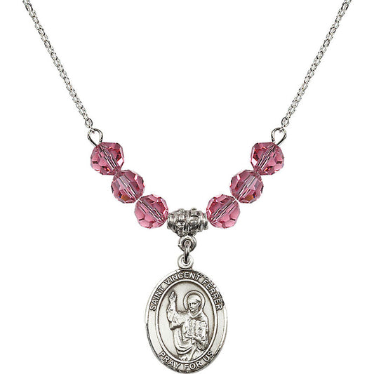 Sterling Silver Saint Vincent Ferrer Birthstone Necklace with Rose Beads - 8201