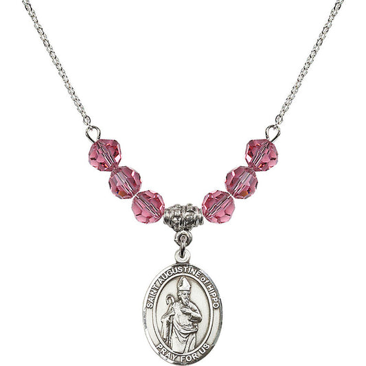 Sterling Silver Saint Augustine of Hippo Birthstone Necklace with Rose Beads - 8202