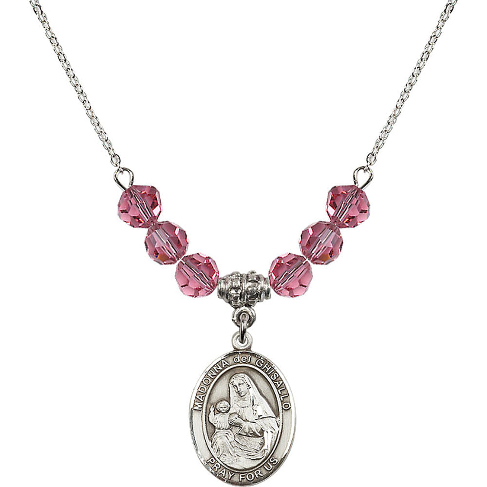 Sterling Silver Madonna del Ghisallo Birthstone Necklace with Rose Beads - 8203