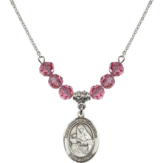 Sterling Silver Madonna del Ghisallo Birthstone Necklace with Rose Beads - 8203
