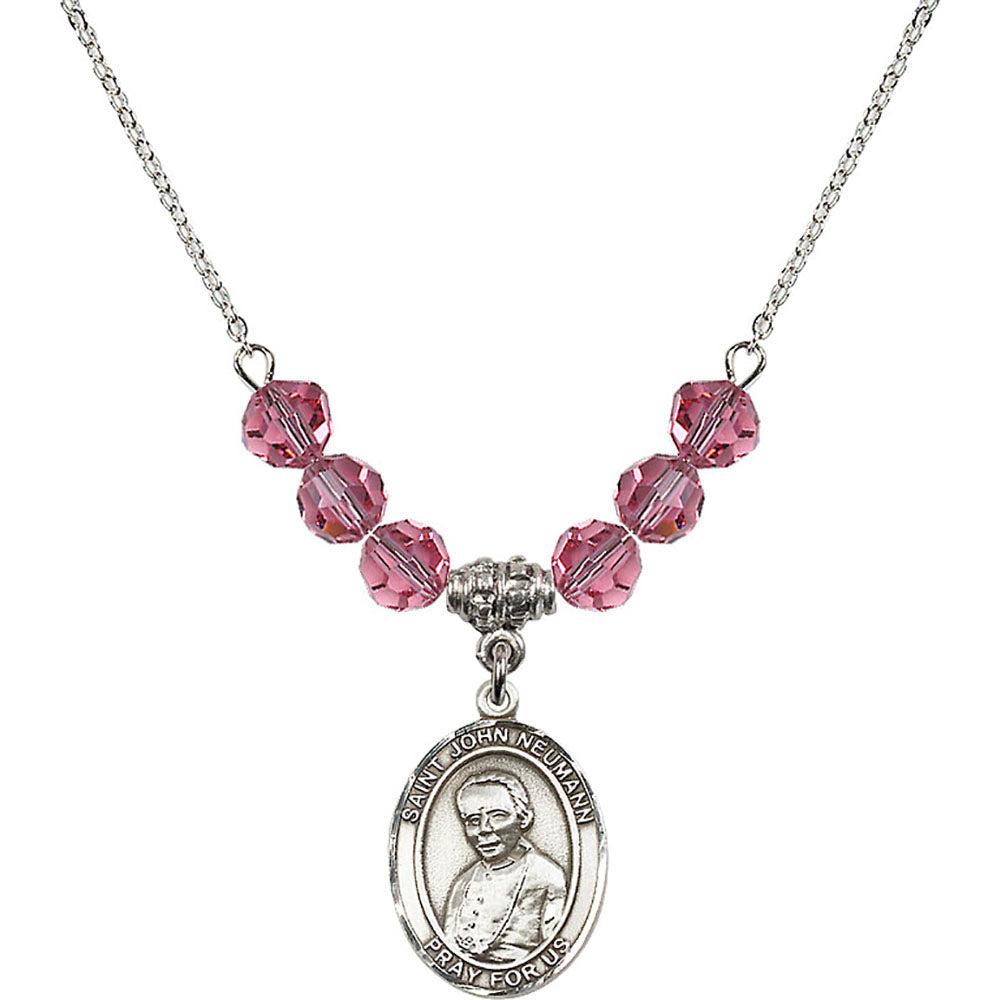 Sterling Silver Saint John Neumann Birthstone Necklace with Rose Beads - 8204