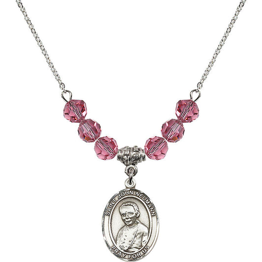 Sterling Silver Saint John Neumann Birthstone Necklace with Rose Beads - 8204