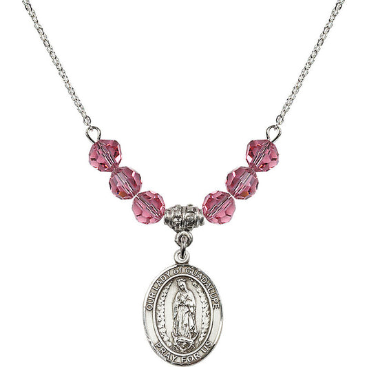 Sterling Silver Our Lady of Guadalupe Birthstone Necklace with Rose Beads - 8206