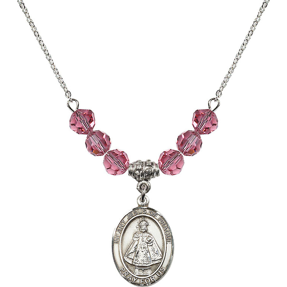 Sterling Silver Infant of Prague Birthstone Necklace with Rose Beads - 8207