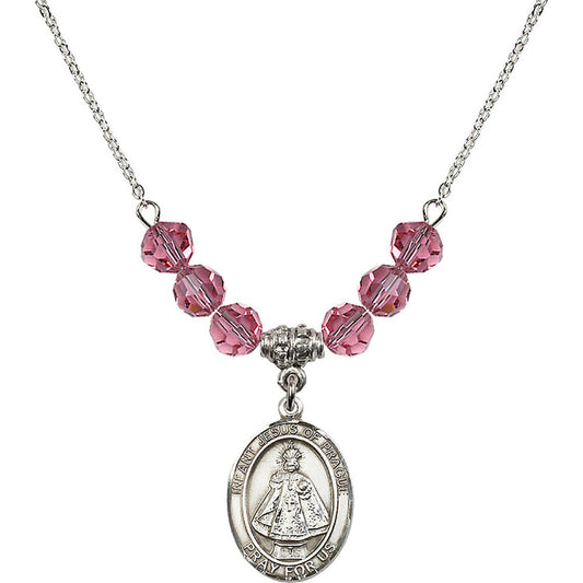 Sterling Silver Infant of Prague Birthstone Necklace with Rose Beads - 8207