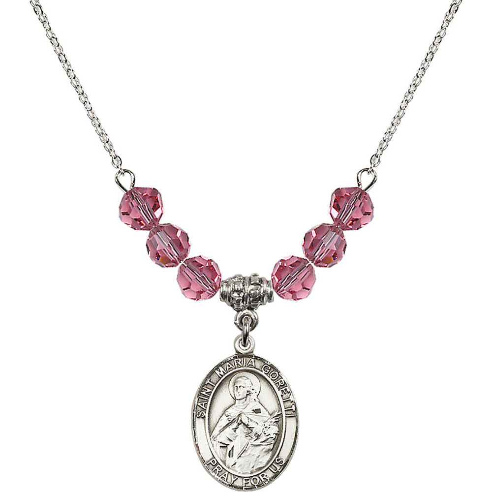 Sterling Silver Saint Maria Goretti Birthstone Necklace with Rose Beads - 8208