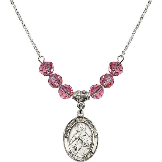 Sterling Silver Saint Maria Goretti Birthstone Necklace with Rose Beads - 8208