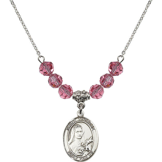 Sterling Silver Saint Therese of Lisieux Birthstone Necklace with Rose Beads - 8210