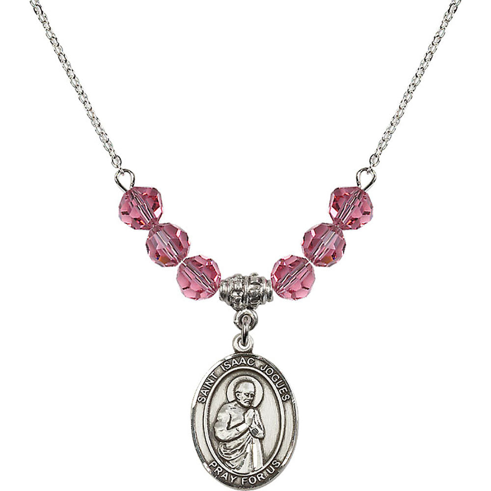 Sterling Silver Saint Isaac Jogues Birthstone Necklace with Rose Beads - 8212