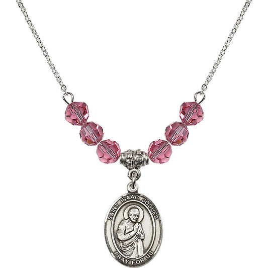 Sterling Silver Saint Isaac Jogues Birthstone Necklace with Rose Beads - 8212