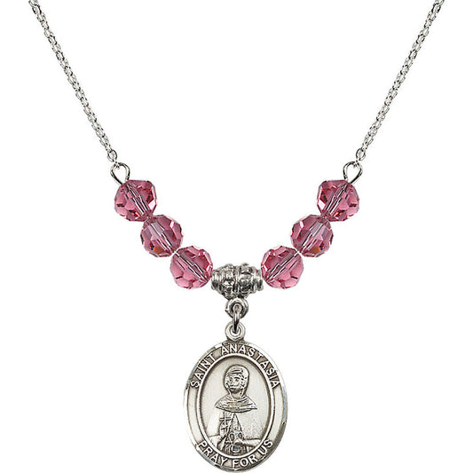 Sterling Silver Saint Anastasia Birthstone Necklace with Rose Beads - 8213