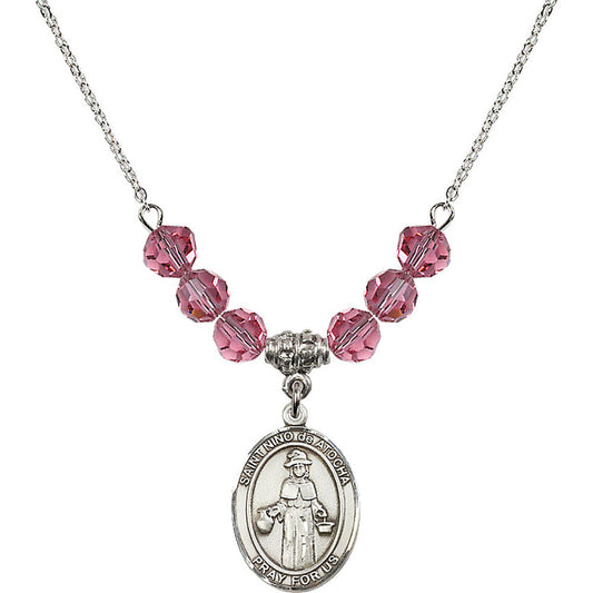Sterling Silver Saint Nino de Atocha Birthstone Necklace with Rose Beads - 8214