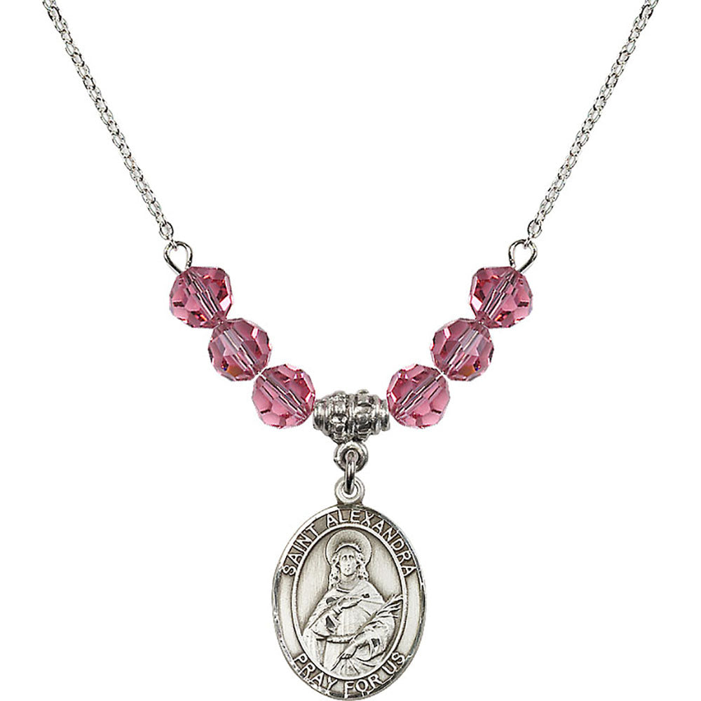 Sterling Silver Saint Alexandra Birthstone Necklace with Rose Beads - 8215