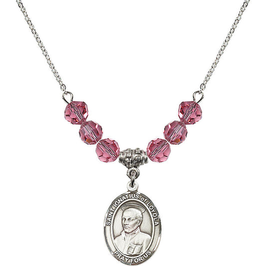 Sterling Silver Saint Ignatius of Loyola Birthstone Necklace with Rose Beads - 8217