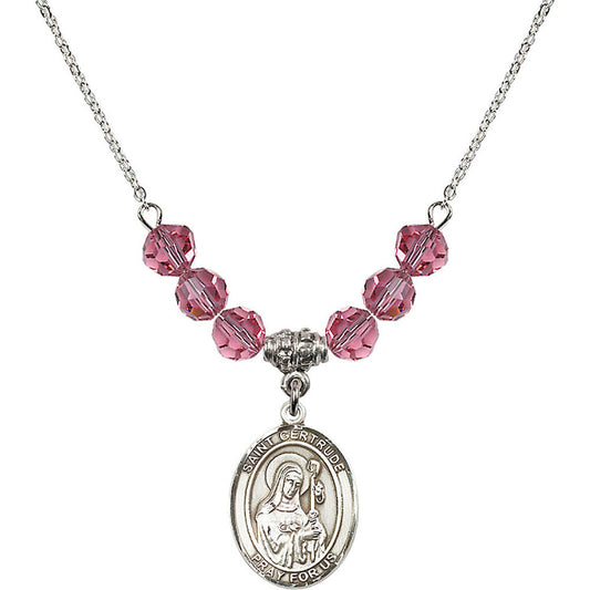 Sterling Silver Saint Gertrude of Nivelles Birthstone Necklace with Rose Beads - 8219