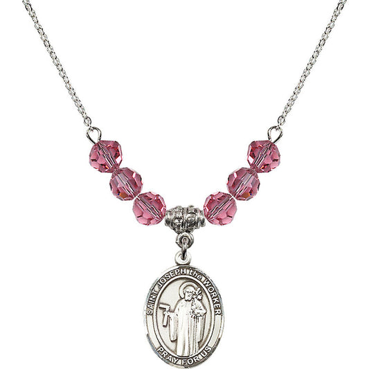 Sterling Silver Saint Joseph the Worker Birthstone Necklace with Rose Beads - 8220