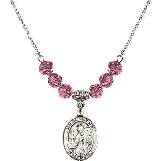 Sterling Silver Saint Alphonsus Birthstone Necklace with Rose Beads - 8221