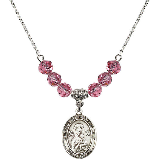 Sterling Silver Our Lady of Perpetual Help Birthstone Necklace with Rose Beads - 8222
