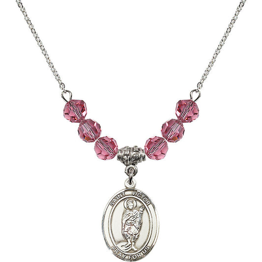 Sterling Silver Saint Victor of Marseilles Birthstone Necklace with Rose Beads - 8223