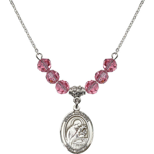 Sterling Silver Saint Aloysius Gonzaga Birthstone Necklace with Rose Beads - 8225