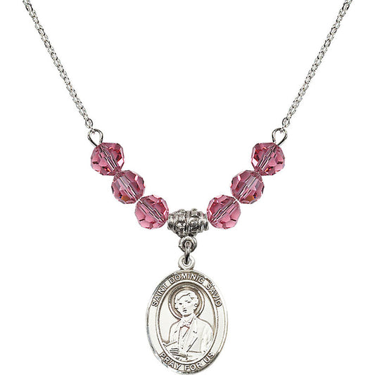 Sterling Silver Saint Dominic Savio Birthstone Necklace with Rose Beads - 8227