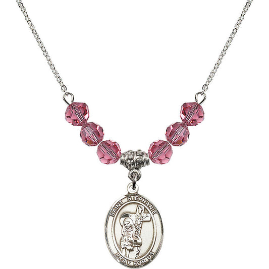 Sterling Silver Saint Stephanie Birthstone Necklace with Rose Beads - 8228