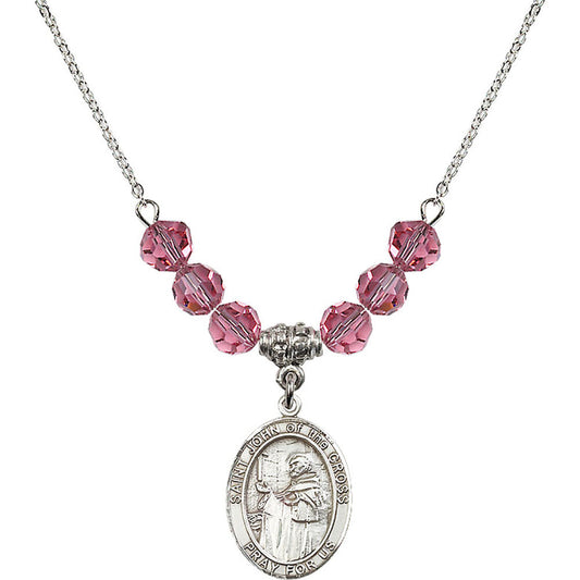 Sterling Silver Saint John of the Cross Birthstone Necklace with Rose Beads - 8231