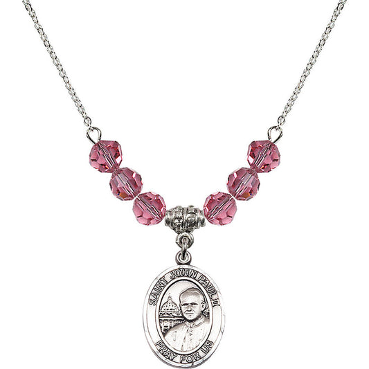 Sterling Silver Saint John Paul II Birthstone Necklace with Rose Beads - 8234