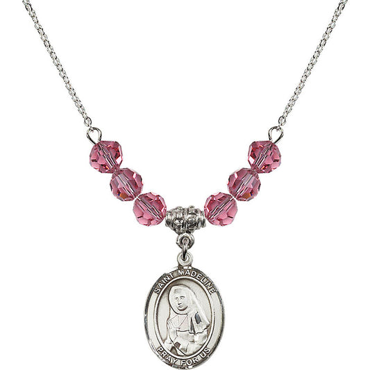 Sterling Silver Saint Madeline Sophie Barat Birthstone Necklace with Rose Beads - 8236