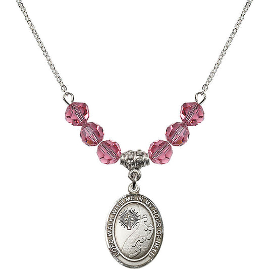 Sterling Silver Footprints / Cross Birthstone Necklace with Rose Beads - 8237
