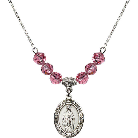 Sterling Silver Saint Bartholomew the Apostle Birthstone Necklace with Rose Beads - 8238
