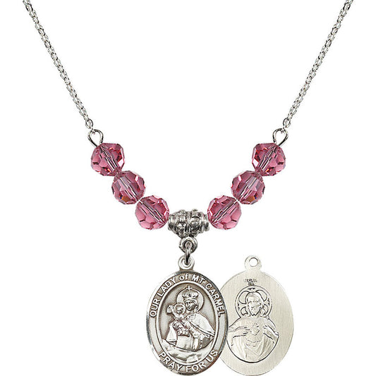 Sterling Silver Our Lady of Mount Carmel Birthstone Necklace with Rose Beads - 8243