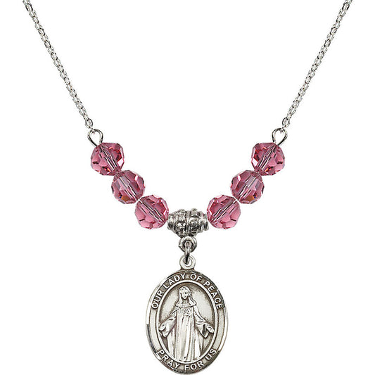 Sterling Silver Our Lady of Peace Birthstone Necklace with Rose Beads - 8245