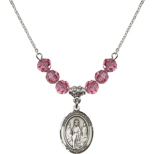 Sterling Silver Our Lady of Knock Birthstone Necklace with Rose Beads - 8246